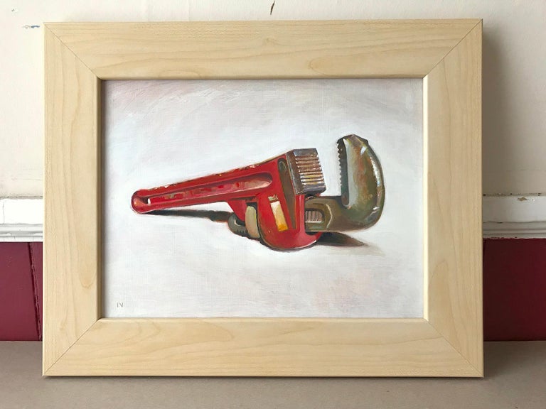 Wrench (Realistic Still Life Oil Painting of Red Tool with Light Wood Frame) For Sale 2