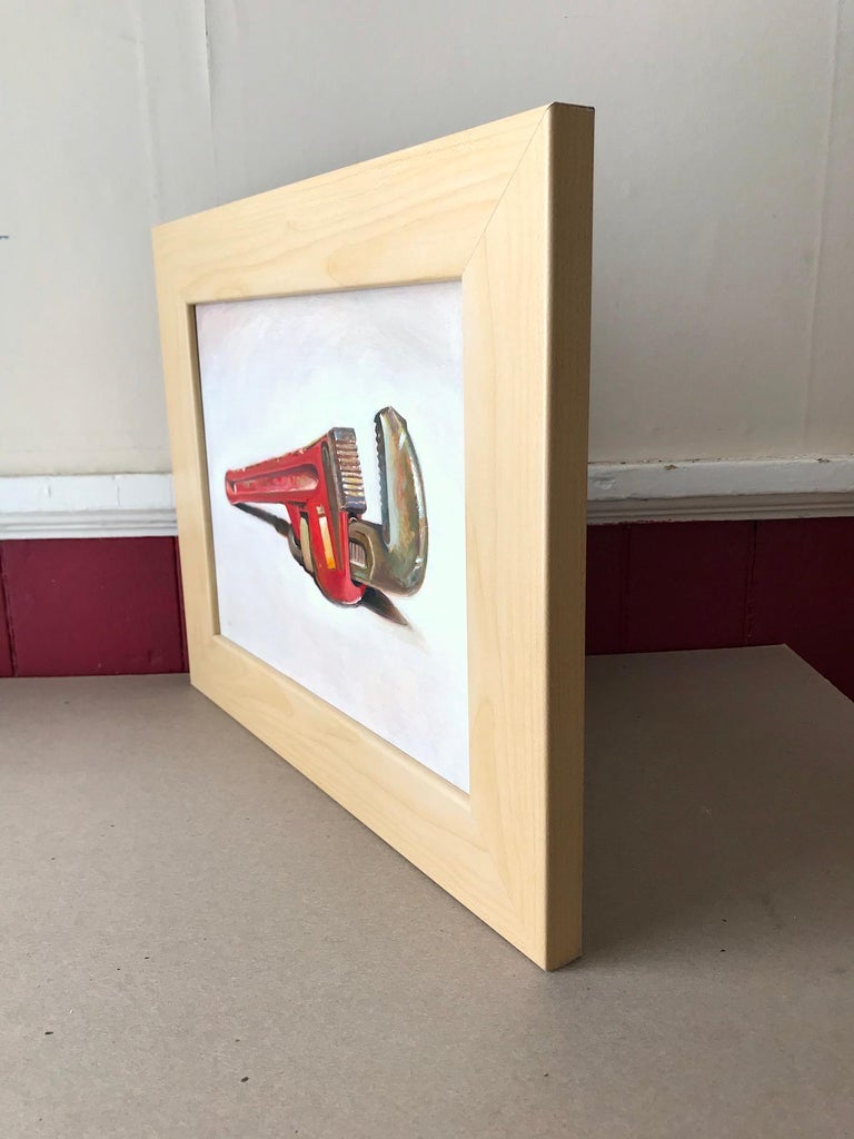 Wrench (Realistic Still Life Oil Painting of Red Tool with Light Wood Frame) For Sale 3