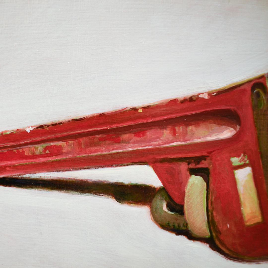 Wrench (Realistic Still Life Oil Painting of Red Tool with Light Wood Frame) For Sale 1