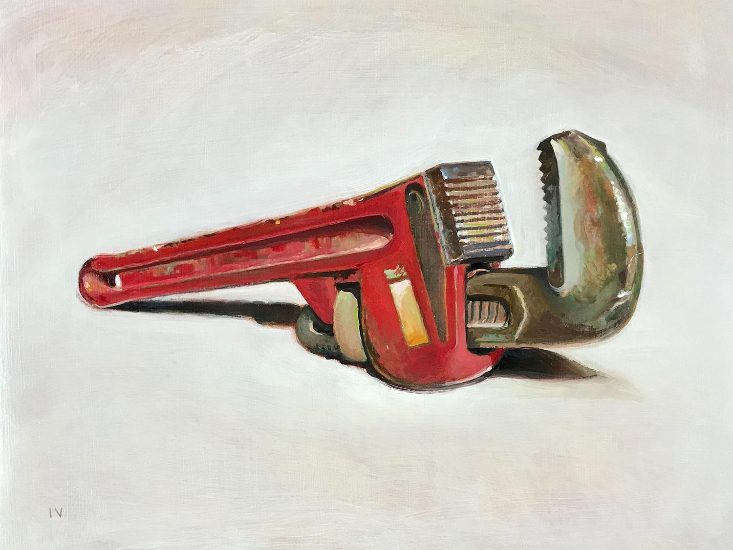 Wrench (Realistisches Stillleben, Ölgemälde eines roten Werkzeugs mit hellem Holzrahmen)