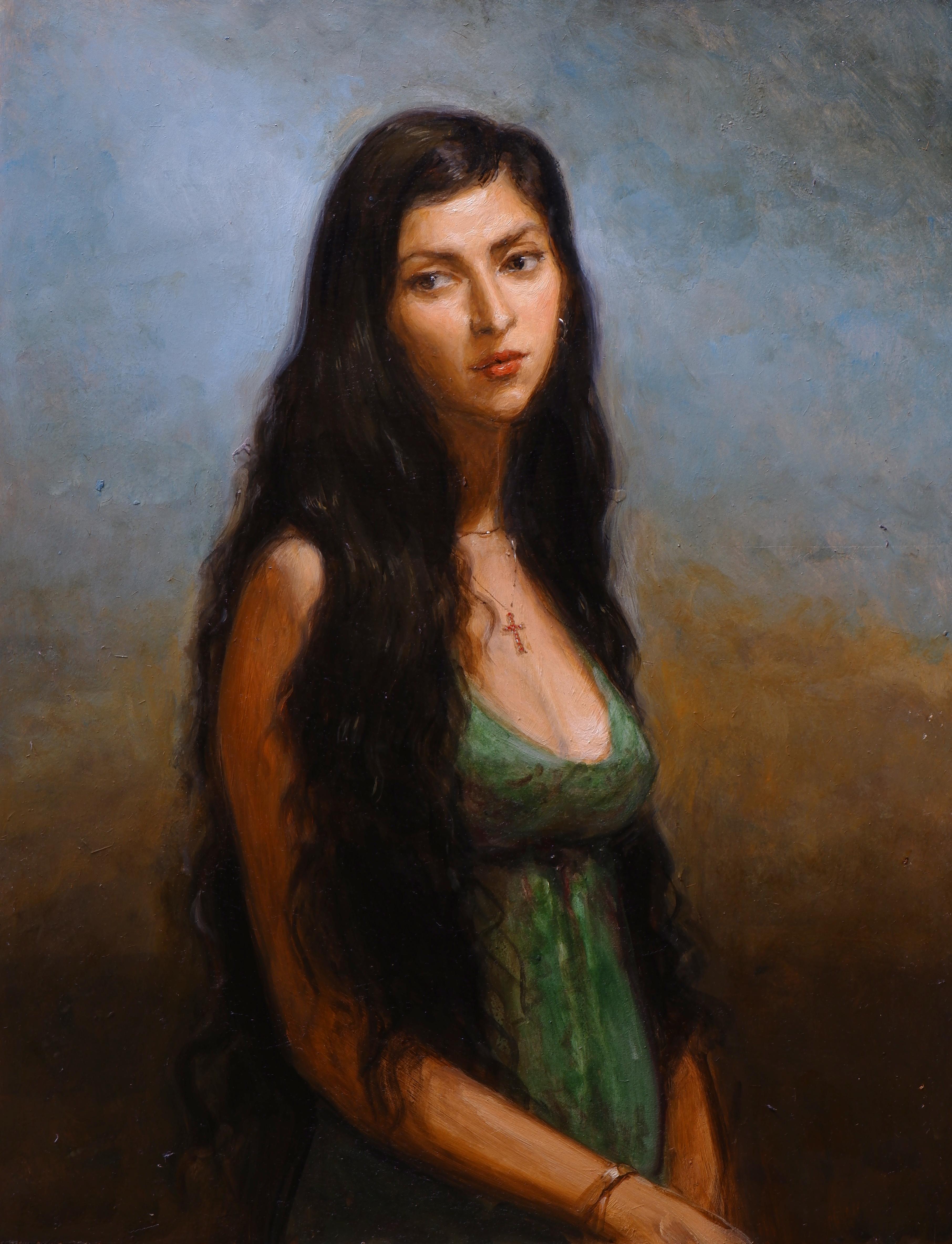 Matthew James Collins Figurative Painting – The Tempest Around Us 25" x 21" gerahmt Frau aus Sizilien  in Florenz 17 "x13"