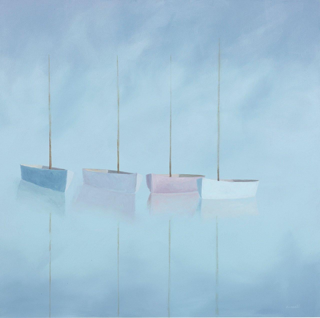 Matthew Jay Russell  Abstract Painting - Matthew Jay Russell, "In a Row" 30x30 Dreamy Coastal Boat Oil Painting on Canvas
