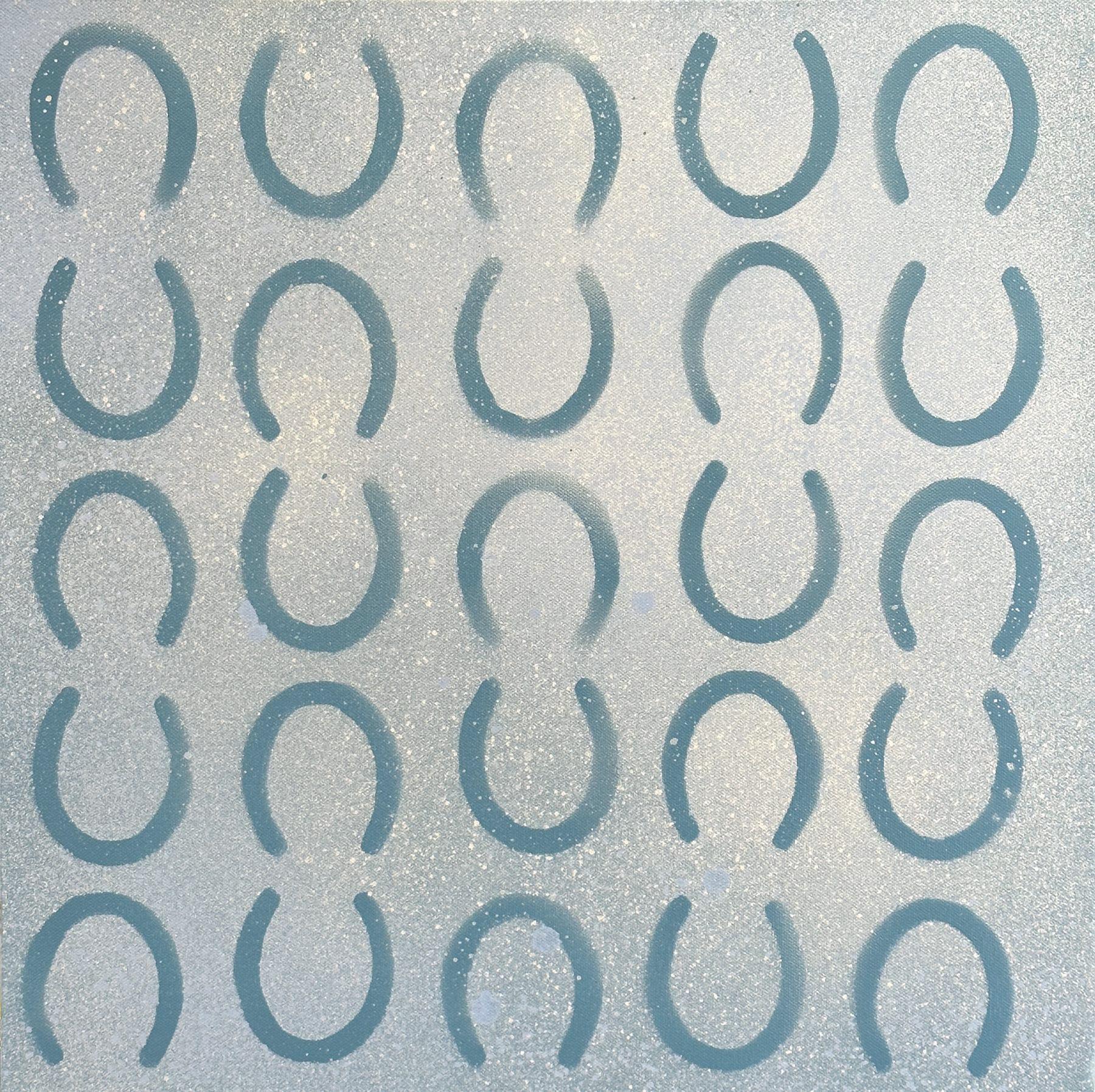 "Racing Feet II" is a 20x20 mixed media painting on canvas by artist Matthew Jay Russell, featuring a grid of repeating horseshoes. Layering of textures and mixed media in soft blues and whites adds to the fun and whimsical abstracted quality of the
