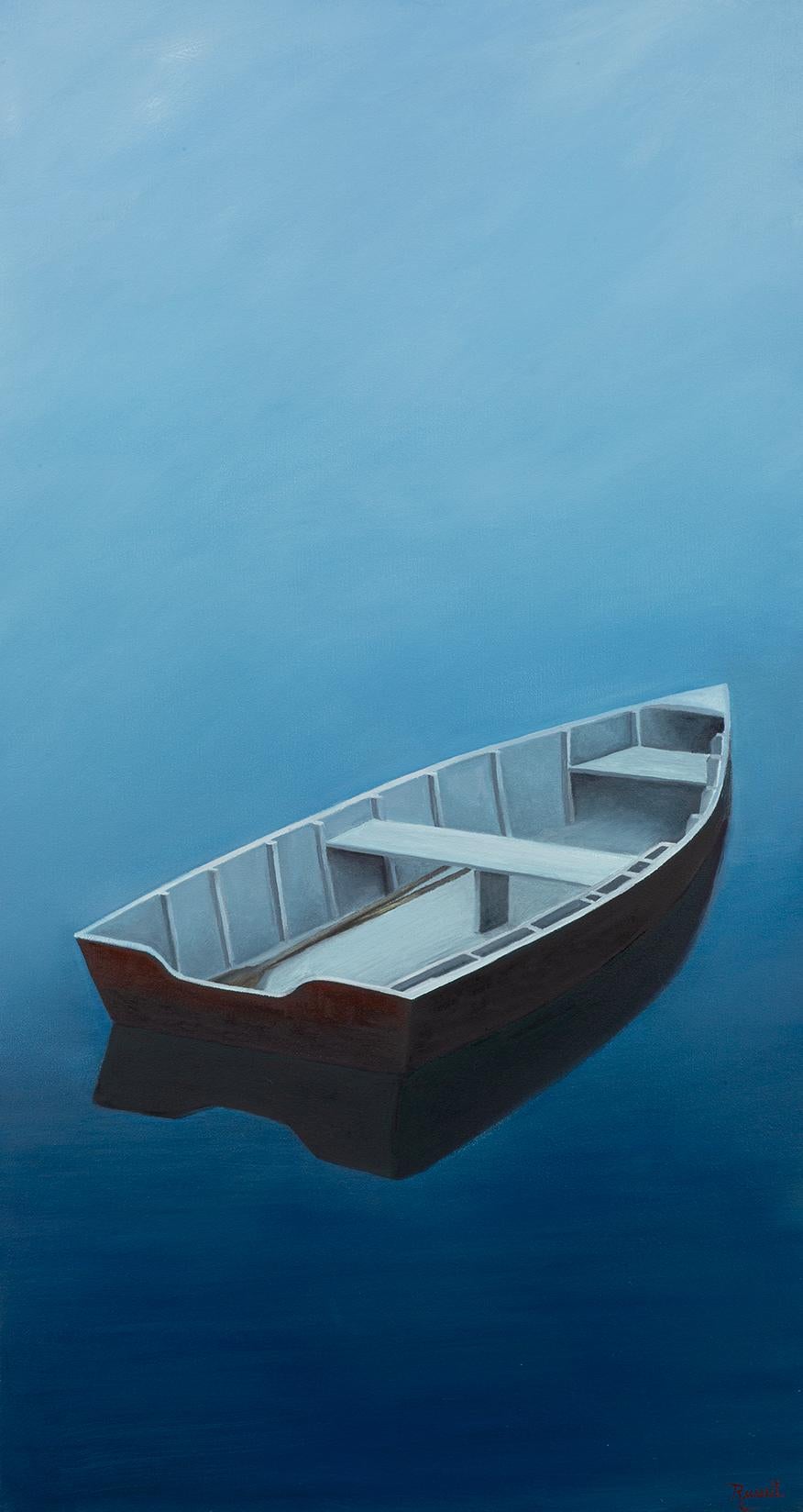 "Dockside" is a 48x24 oil painting on canvas by artist Matthew Jay Russell, featuring a single dark red dory boat floating on calm deep blue water. The empty vessel gives a sense of calm in front of low-lit dusk skies. The receding tide leaves