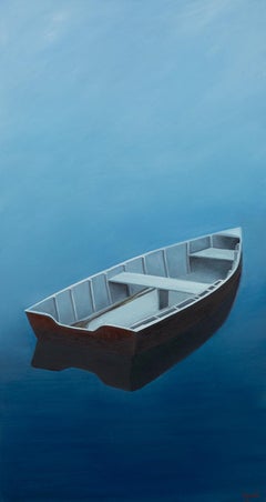 Matthew Jay Russell, "Dockside", 48x24 Single Red Dory Blue Water Oil Painting 