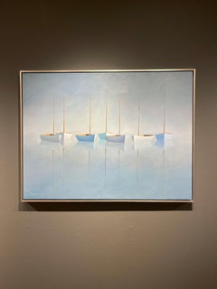 Matthew Jay Russell "In Between" 36x48 Misty Blue Seascape Sailboat Oil Painting