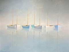 Matthew Jay Russell "In Between" 36x48 Misty Blue Seascape Sailboat Oil Painting