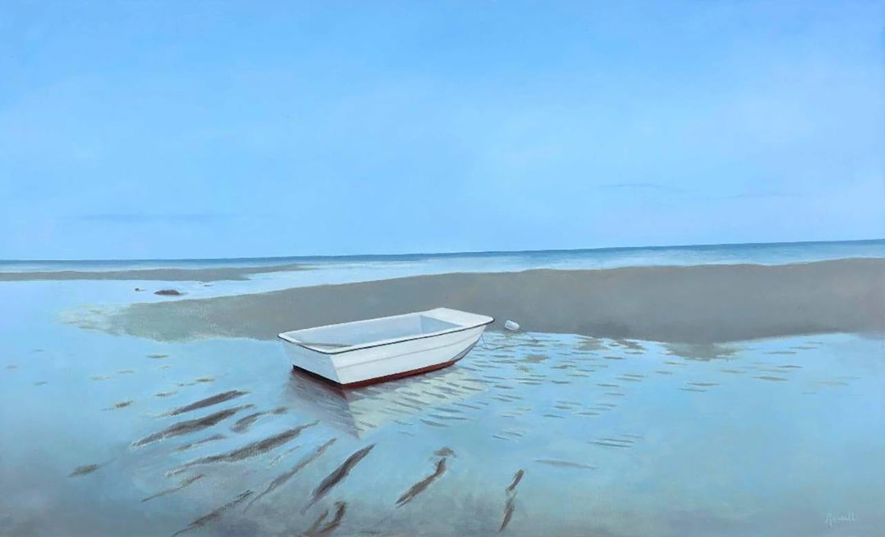 "Low Tide" is a 36x60 oil painting on canvas by artist Matthew Jay Russell, featuring a moored sailboat on the sandy shores of a quiet beach. The empty vessel gives a sense of calm in front of low-lit dusk skies. The receding tide leaves behind
