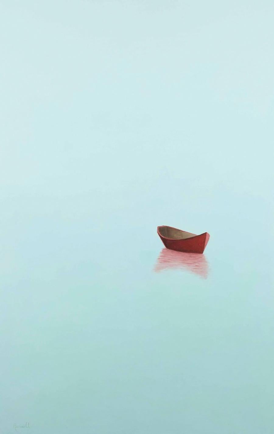 "Mystic Morning" is a 48x30 oil painting on canvas by artist Matthew Jay Russell, featuring an empty red dory floating on the water while light skies fade into the hazy soft blue horizon and waterline. The empty boat gives a sense of calm while the