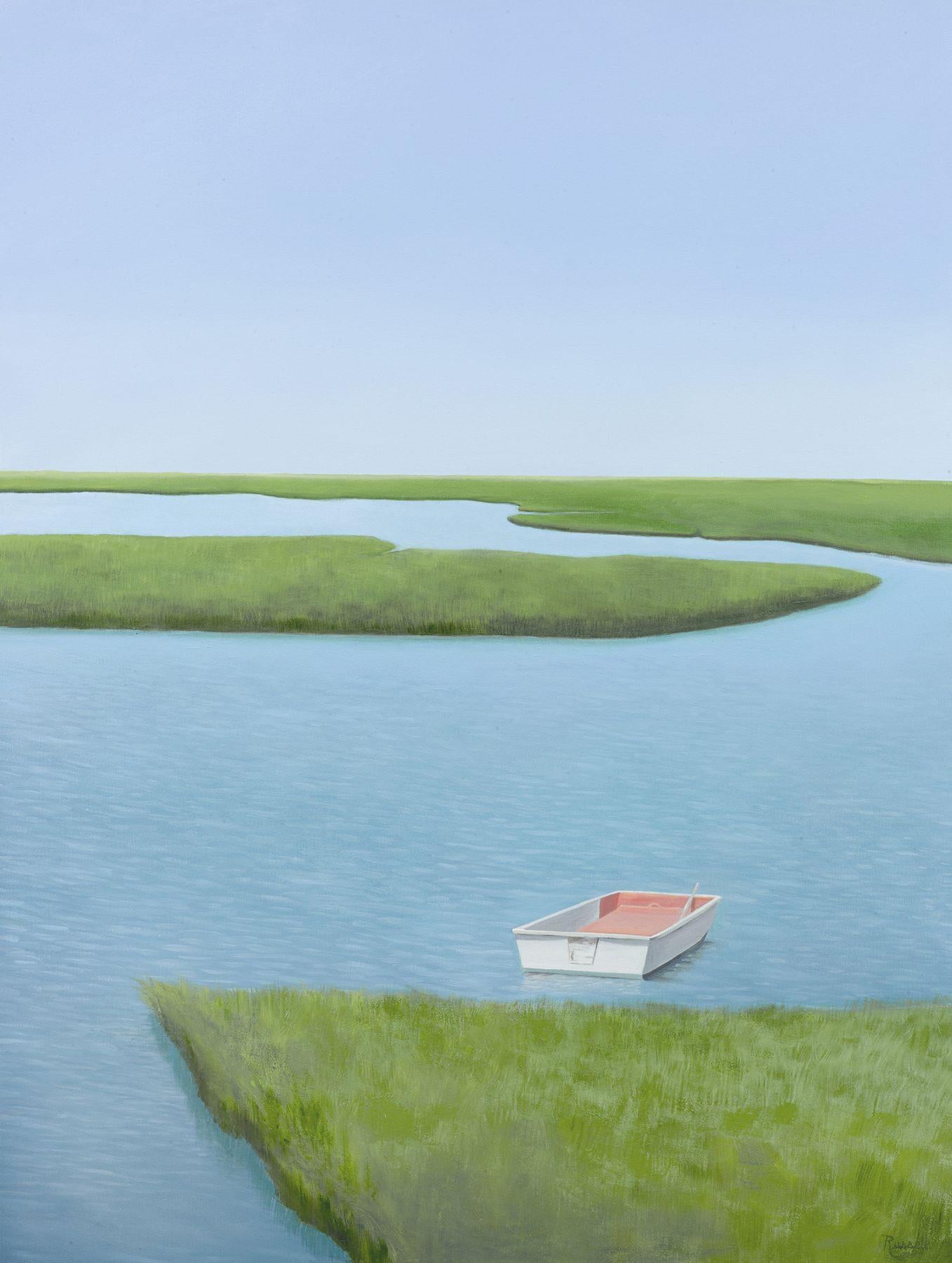 "On A Sunny Afternoon" is a 48x36 oil painting on canvas by artist Matthew Jay Russell, featuring a lone white rowboat in the grasses of a lush grassy marsh wetland. The empty vessel gives a sense of calm in front of bright blue summer skies.