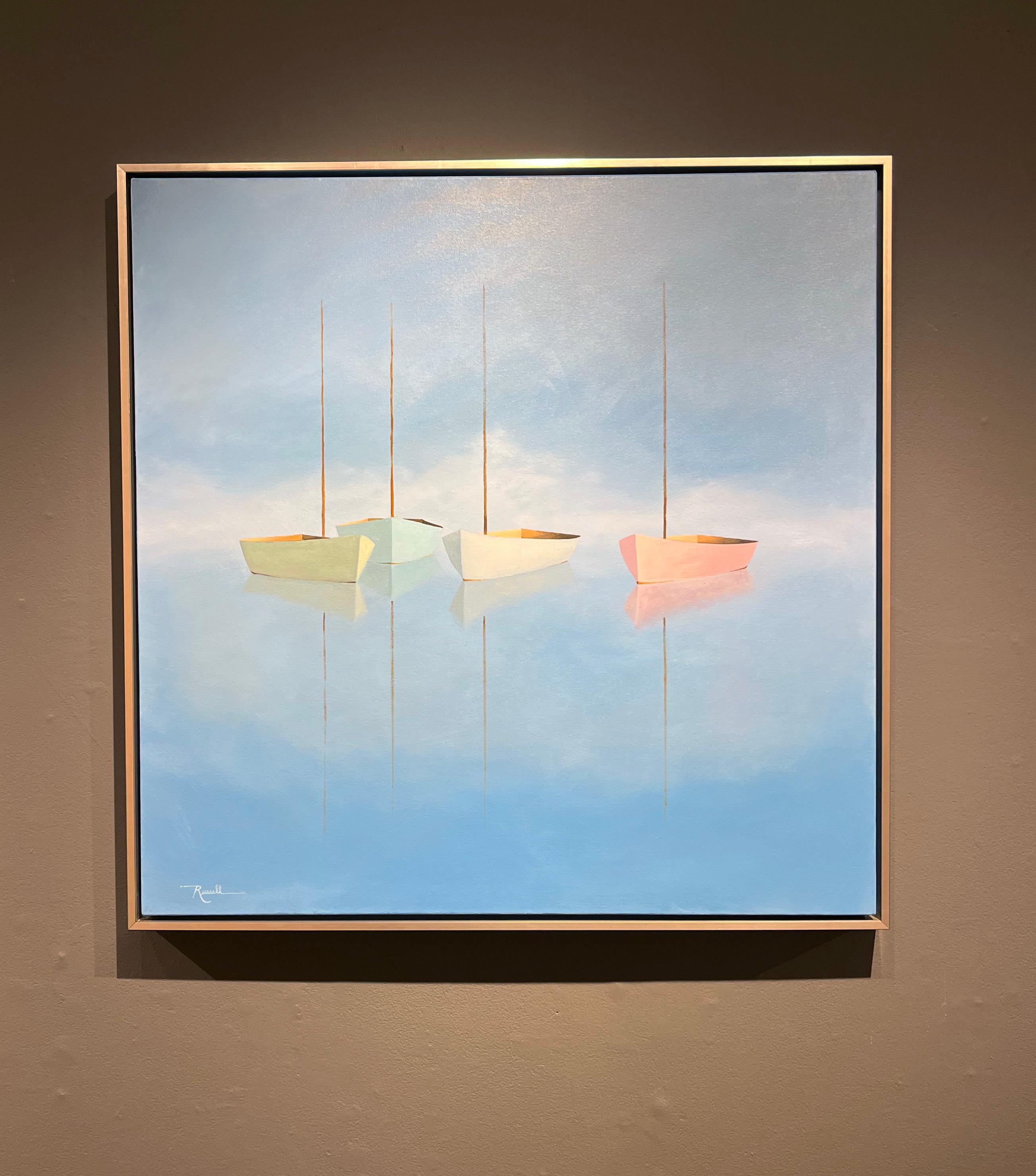 Matthew Jay Russell „Open Sea“ 36x36 Misty Blue Seascape Segelboot Ölgemälde, Matthew Jay Russell im Angebot 1