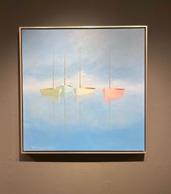 Matthew Jay Russell "Open Sea" 36x36 Misty Blue Seascape Sailboat Oil Painting