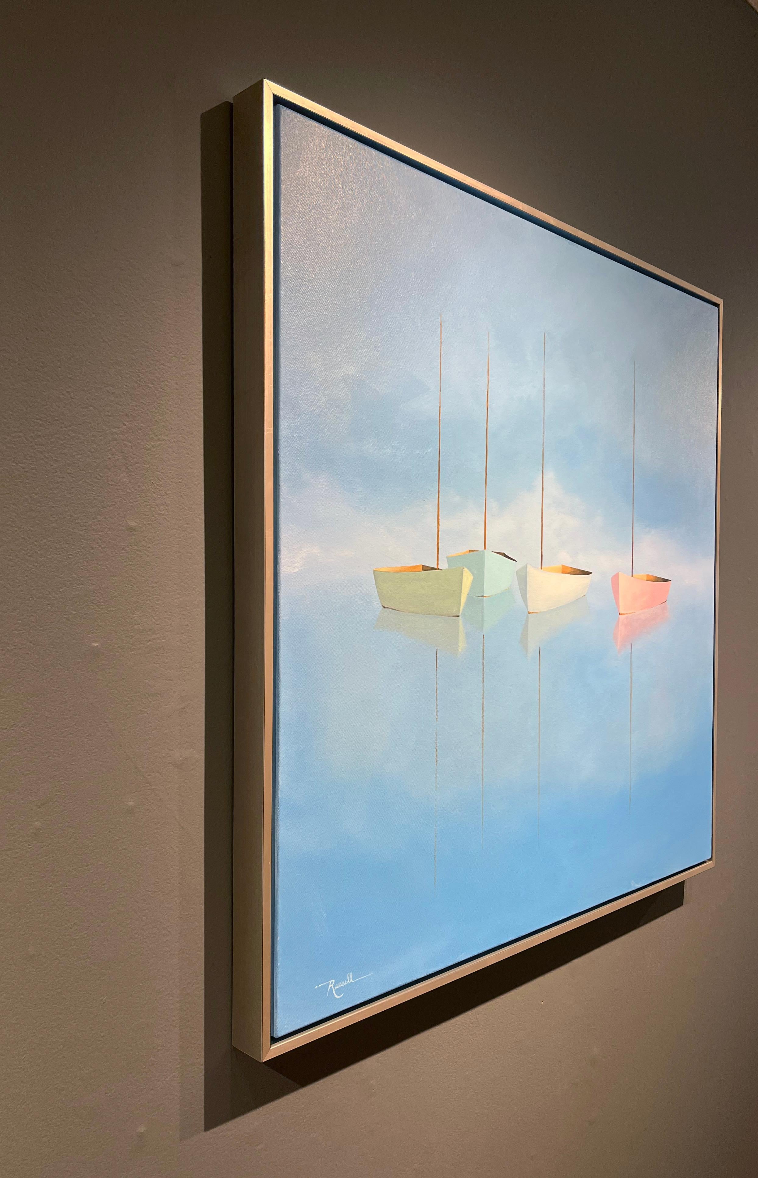 Matthew Jay Russell „Open Sea“ 36x36 Misty Blue Seascape Segelboot Ölgemälde, Matthew Jay Russell im Angebot 3