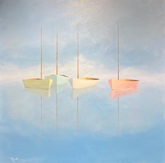 Matthew Jay Russell "Open Sea" 36x36 Misty Blue Seascape Sailboat Oil Painting