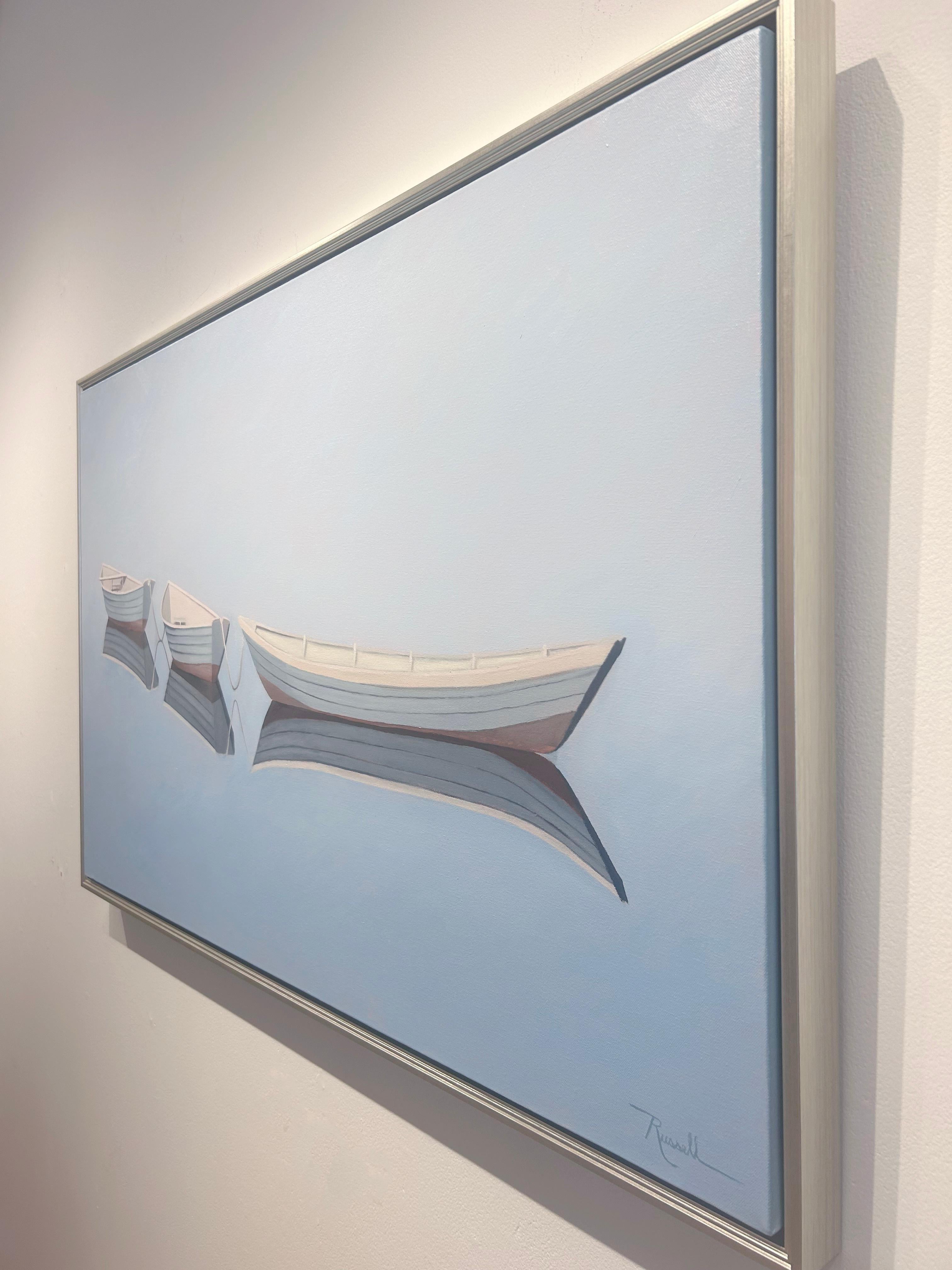 Matthew Jay Russell, „Dree Dories“, 30x48 Weiße Bootsblaue Meereslandschaft, Ölgemälde im Angebot 1