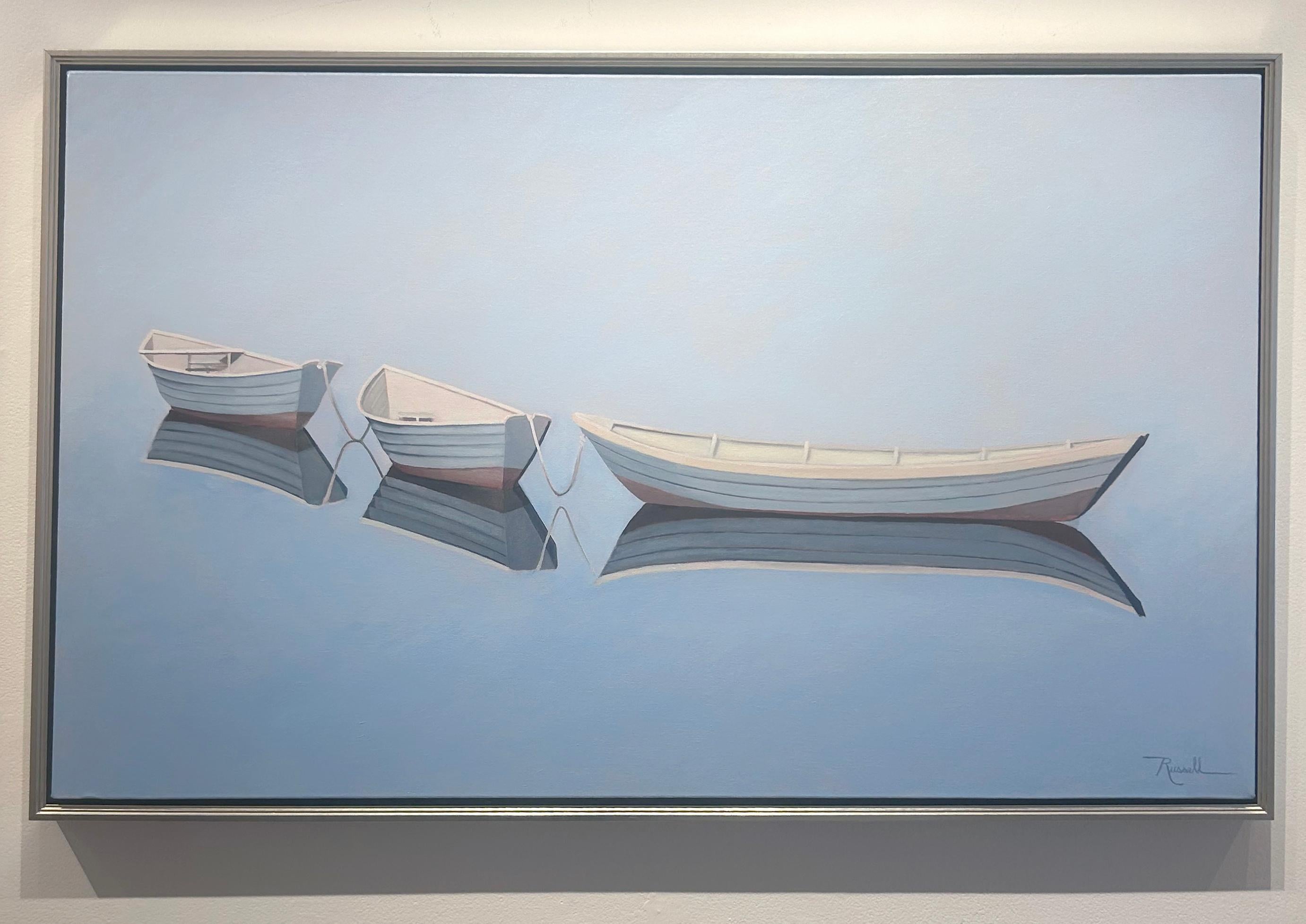 Matthew Jay Russell, „Dree Dories“, 30x48 Weiße Bootsblaue Meereslandschaft, Ölgemälde im Angebot 3