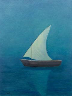Matthew Jay Russell, "Bajo la luna", 48x36 Velero Agua Azul Pintura al óleo