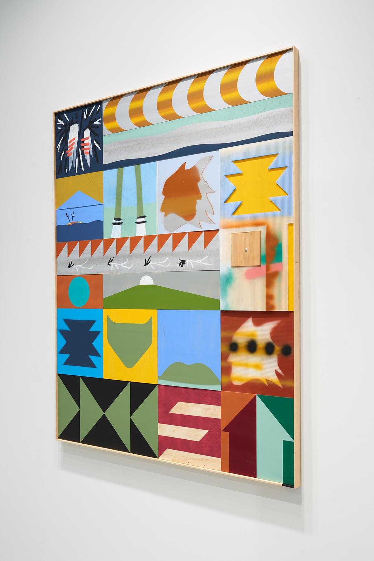 Peinture verticale contemporaine en techniques mixtes inspirée de motifs indigènes en vente 2