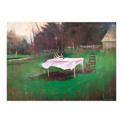 "Altar" Abstrait surréaliste contemporain de bois de cerf sur une table dans un champ vert.