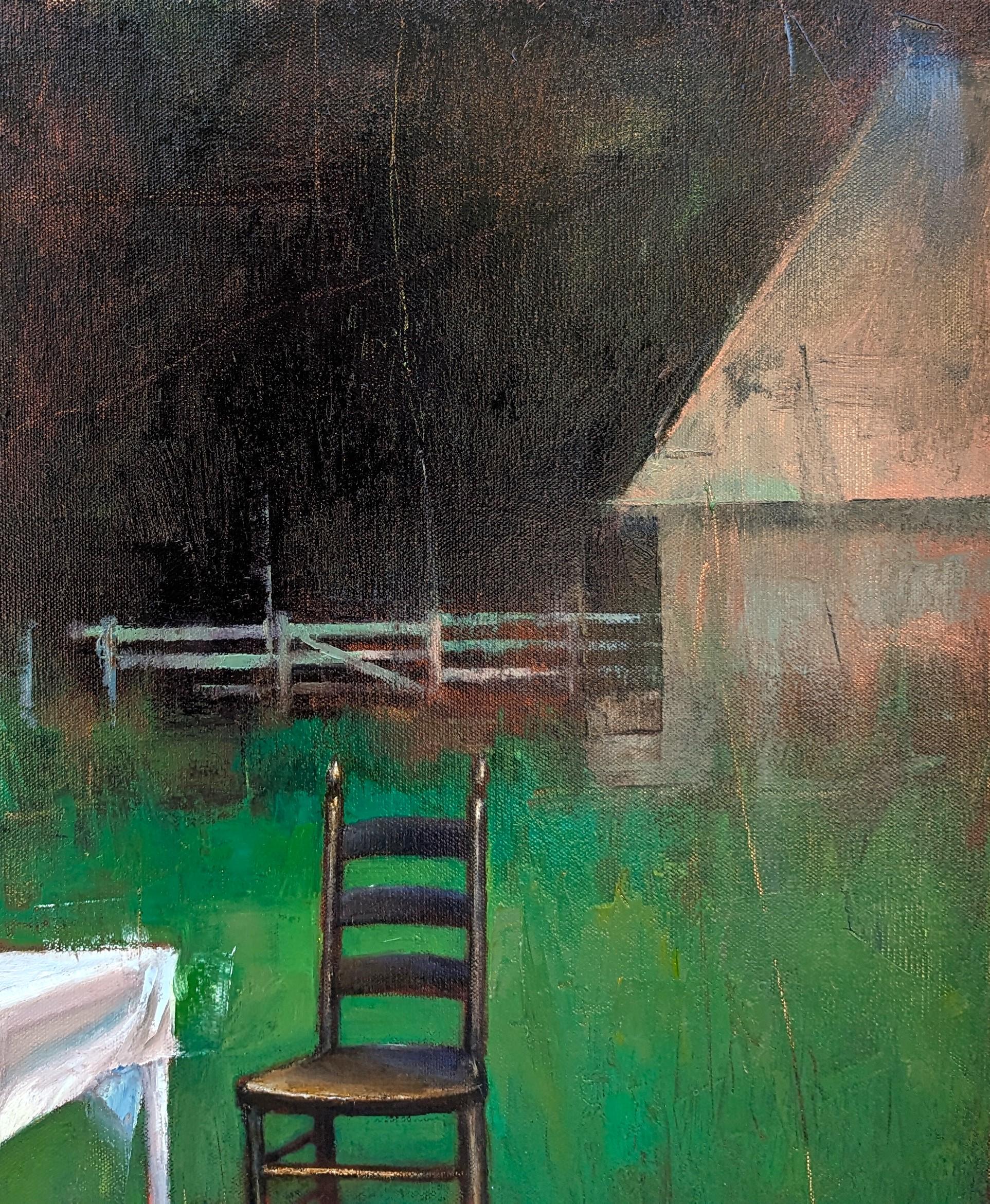 Peinture abstraite surréaliste de paysage de l'artiste contemporain Matthew Paoletti. L'œuvre présente un ensemble de bois de cerf placé sur une table au milieu d'un champ vert. Signé par l'artiste dans le coin inférieur droit du recto. Actuellement