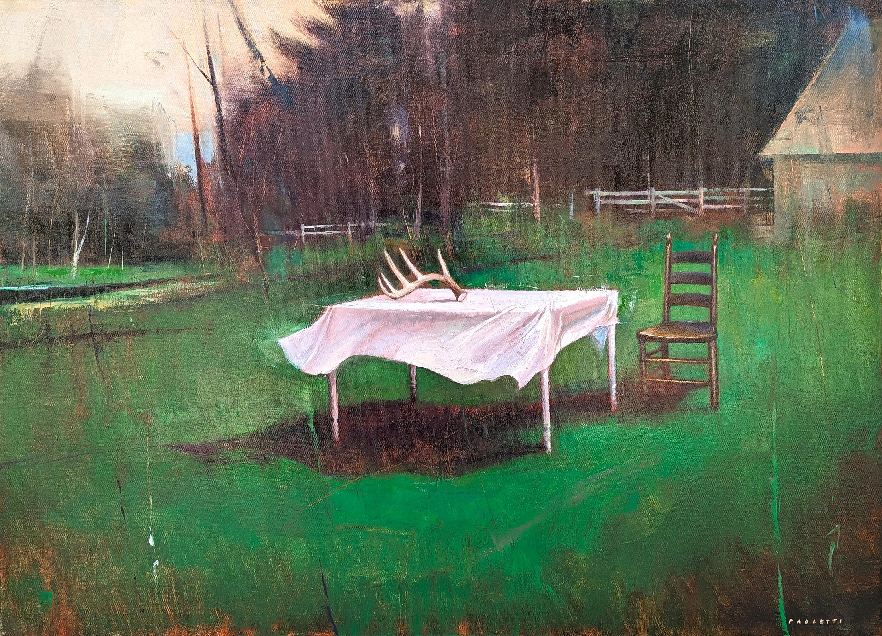 Still-Life Painting Matthew Paoletti - "Altar" Abstrait surréaliste contemporain de bois de cerf sur une table dans un champ vert.