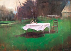 "Altar" Contemporary Surreal Abstract of Antlers on a Table in a Green Field