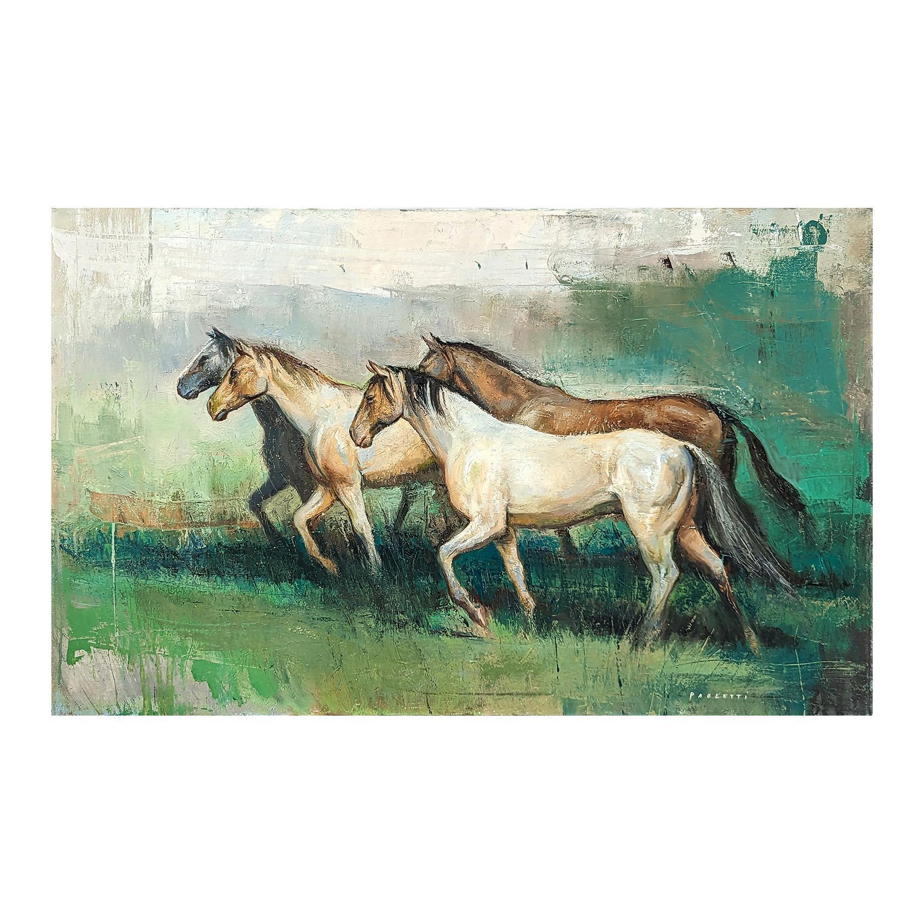 Naturalistic animal painting by contemporary artist Matthew Paoletti. The work features a group of brown and tan horses running through an abstract green field. Signed by the artist in the front lower right corner. Currently unframed, but options
