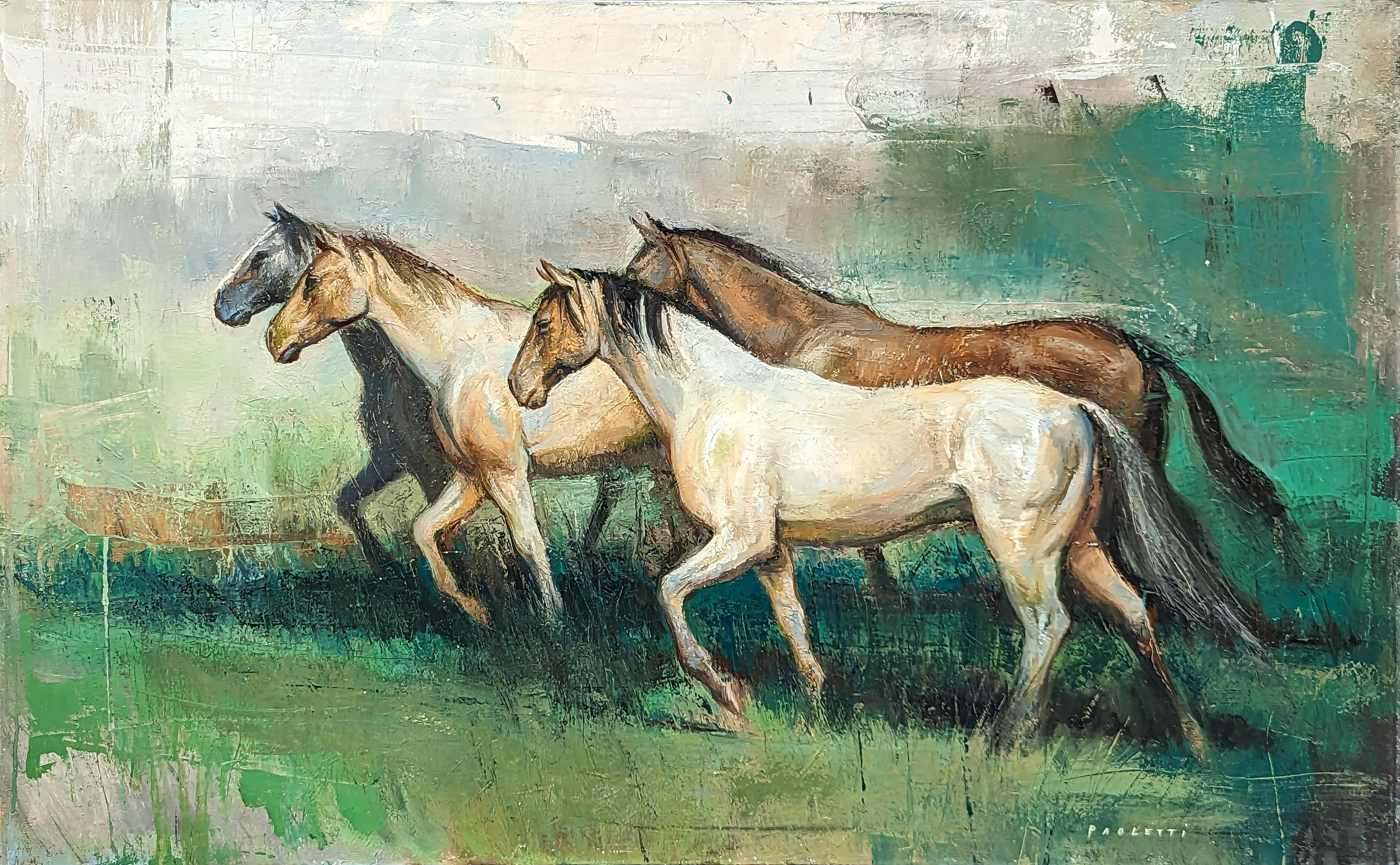 "Four Horses" Peinture équestre naturaliste contemporaine de chevaux 