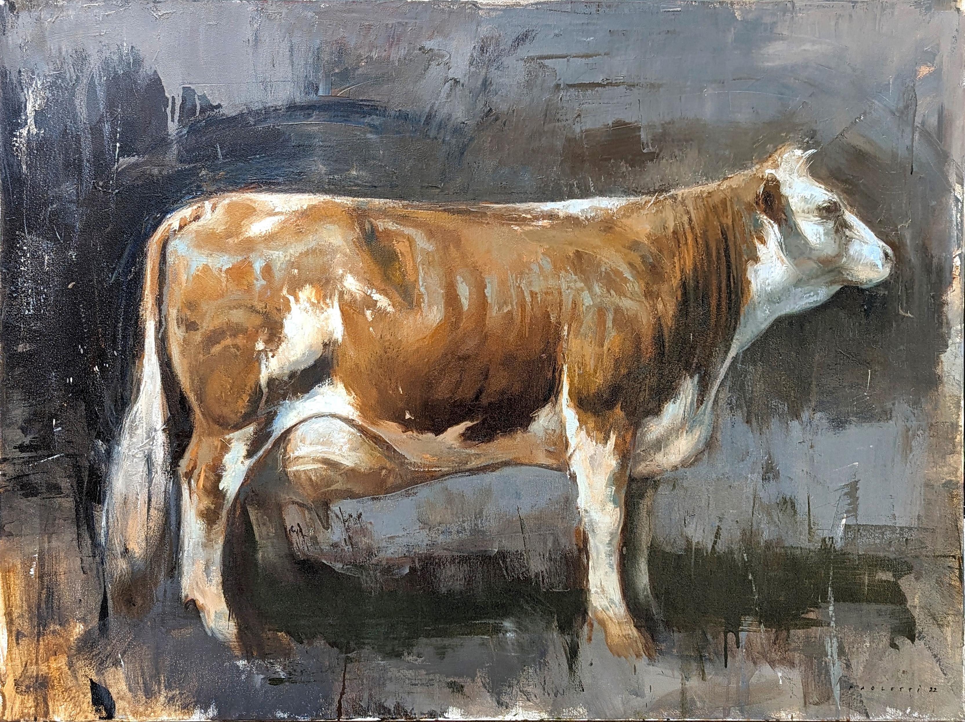 "How Now" peinture animalière rurale contemporaine naturaliste d'une vache Brown