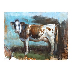 "Tacheté" peinture animalière rurale contemporaine naturaliste d'une vache Brown