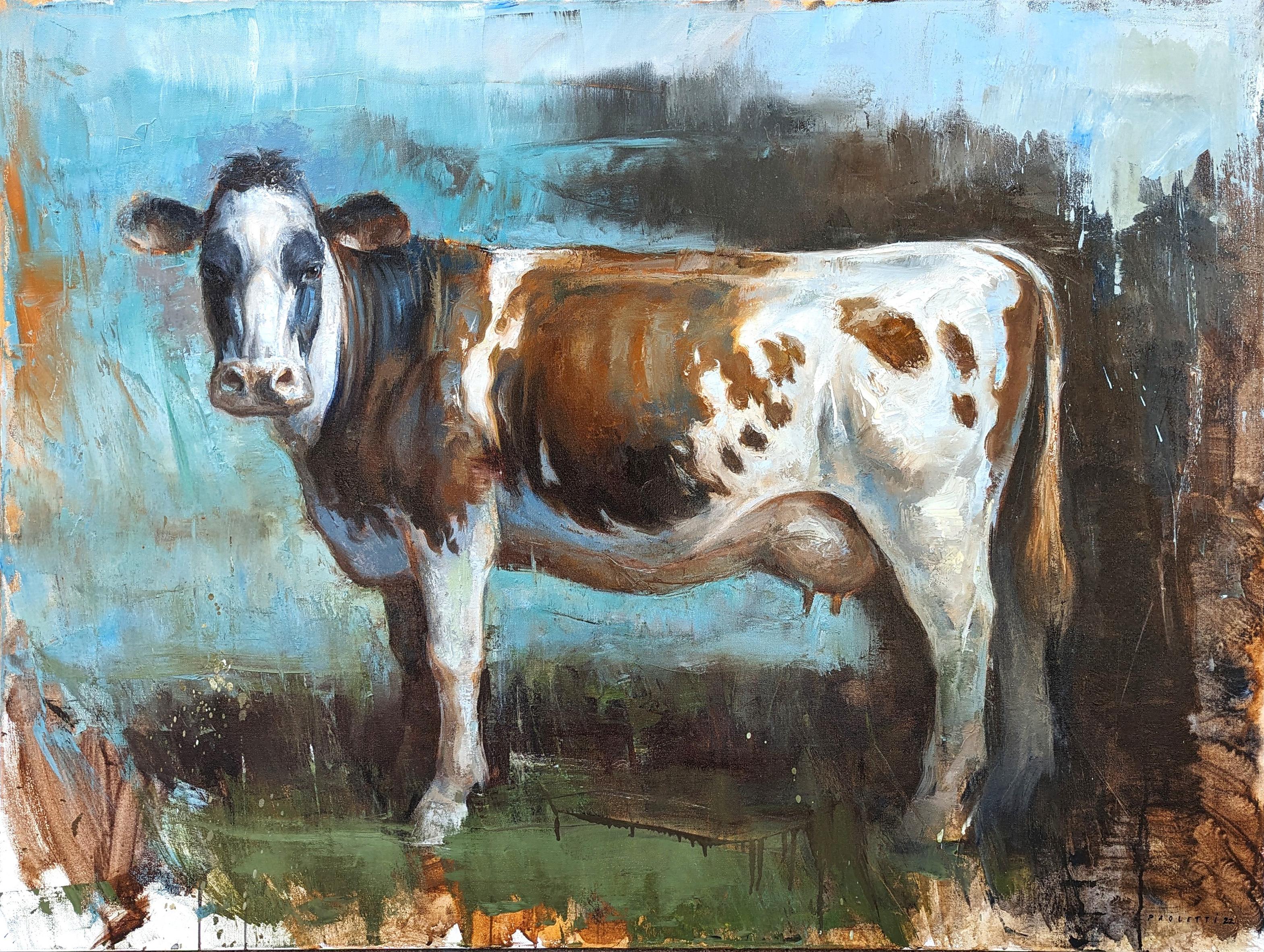 "Tacheté" peinture animalière rurale contemporaine naturaliste d'une vache Brown