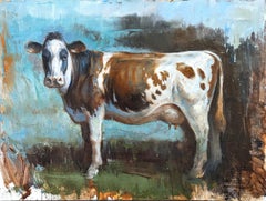 "Spotted" Contemporary Naturalistic Rural Animal Painting of a Brown Cow