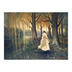 "Untitled" Abstrait contemporain surréaliste d'une femme courant dans une forêt