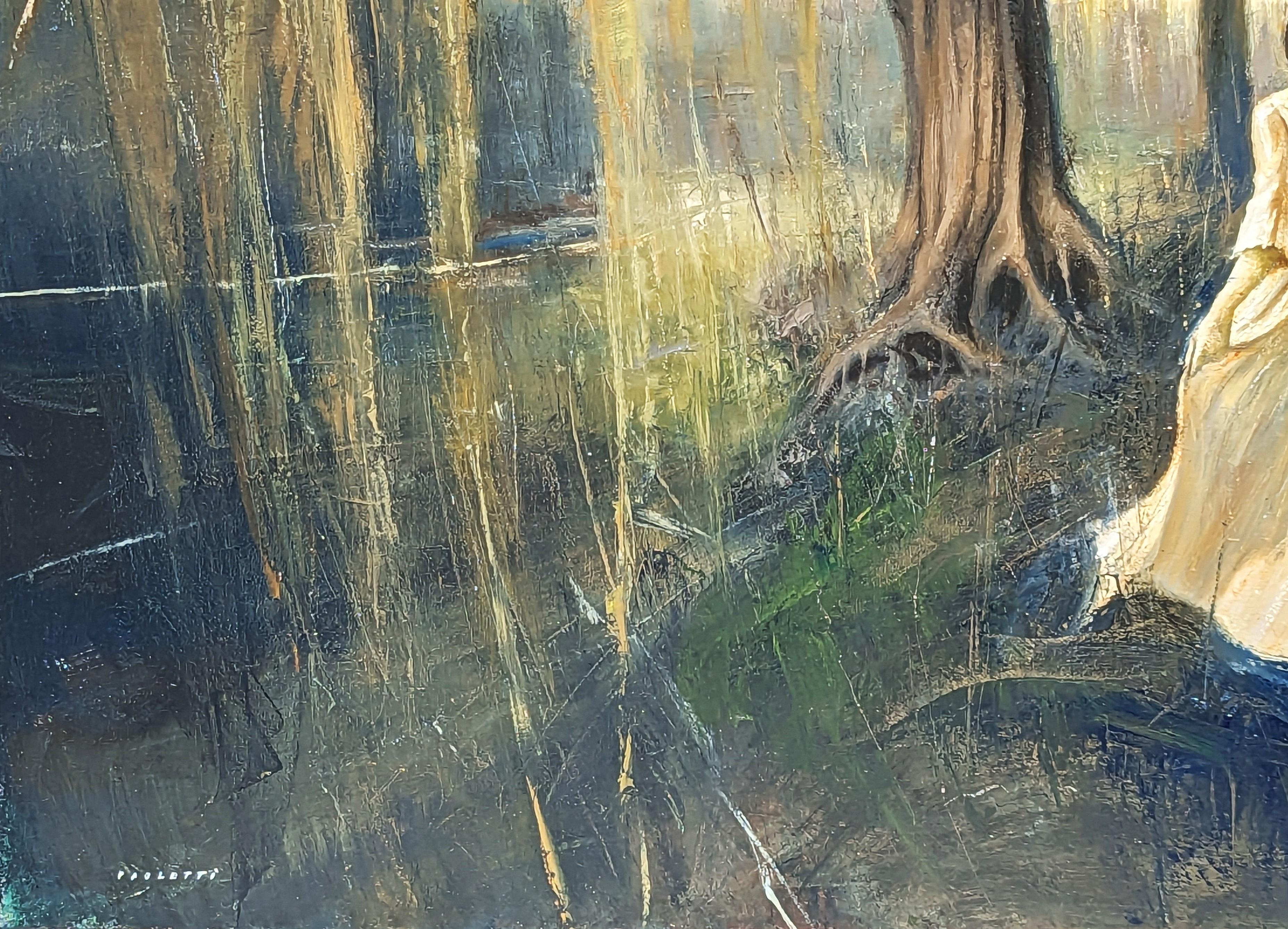 Quadro astratto surreale dell'artista contemporaneo Matthew Paoletti. L'opera raffigura una donna vestita con un fluente abito bianco che corre attraverso un boschetto di alberi. Firmato dall'artista nell'angolo anteriore in basso a sinistra.