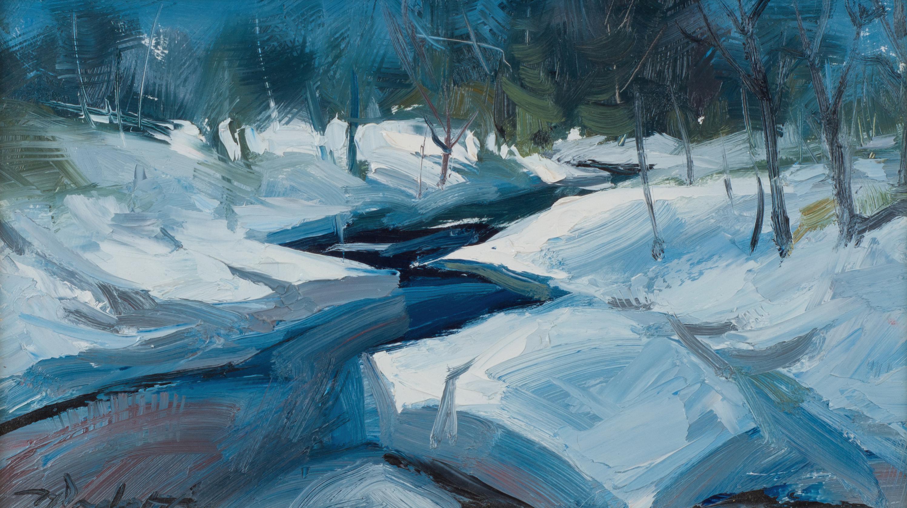 "U.P." A Winter Landscape Oil Painting of a Brilliante Blue Stream (Paysage d'hiver - peinture à l'huile d'un cours d'eau bleu brillant)
