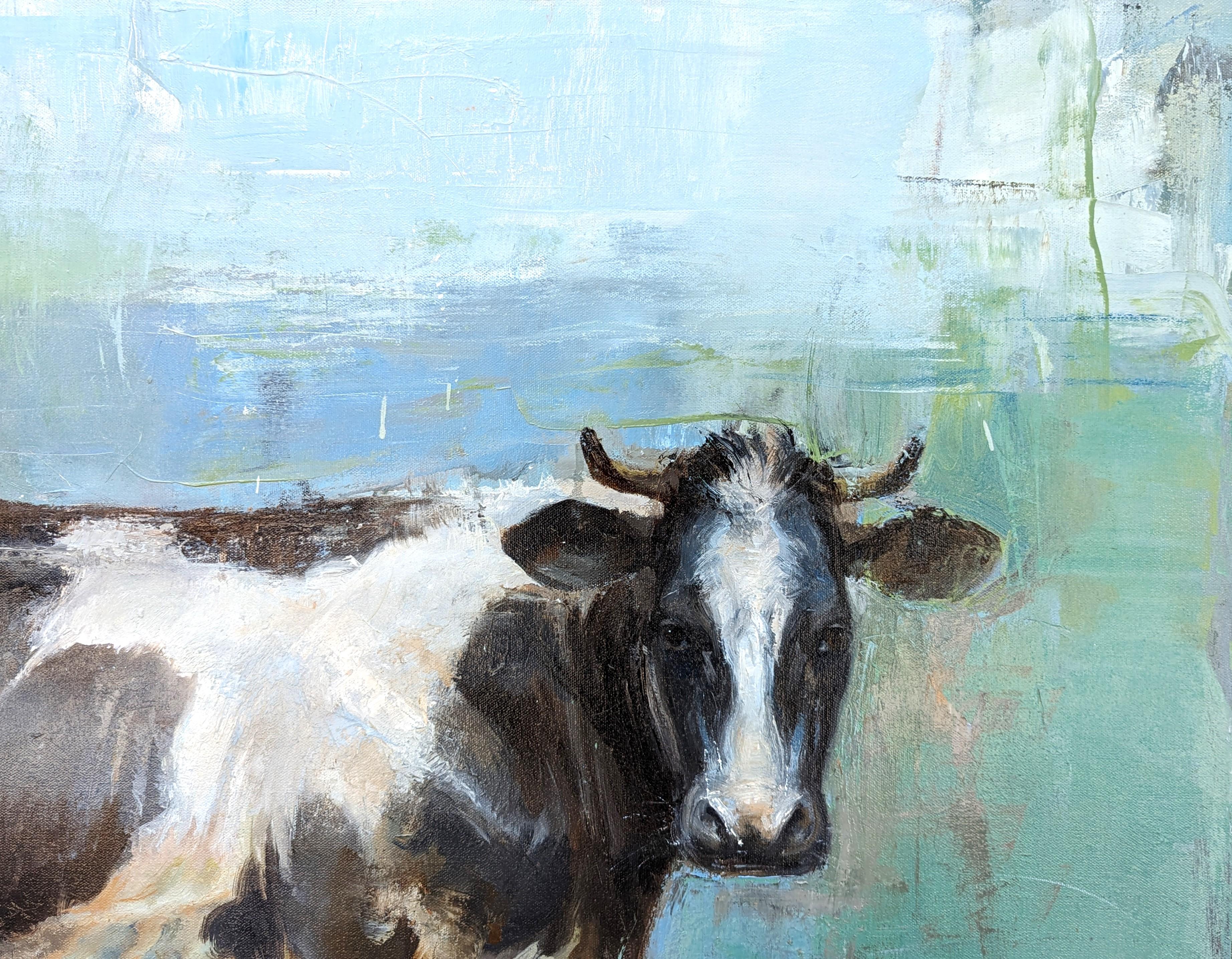 Naturalistic animal painting by contemporary artist Matthew Paoletti. The work features a black and white spotted cow standing in an abstract green field and set against a blue sky. Signed and dated by the artist in the front lower right corner.
