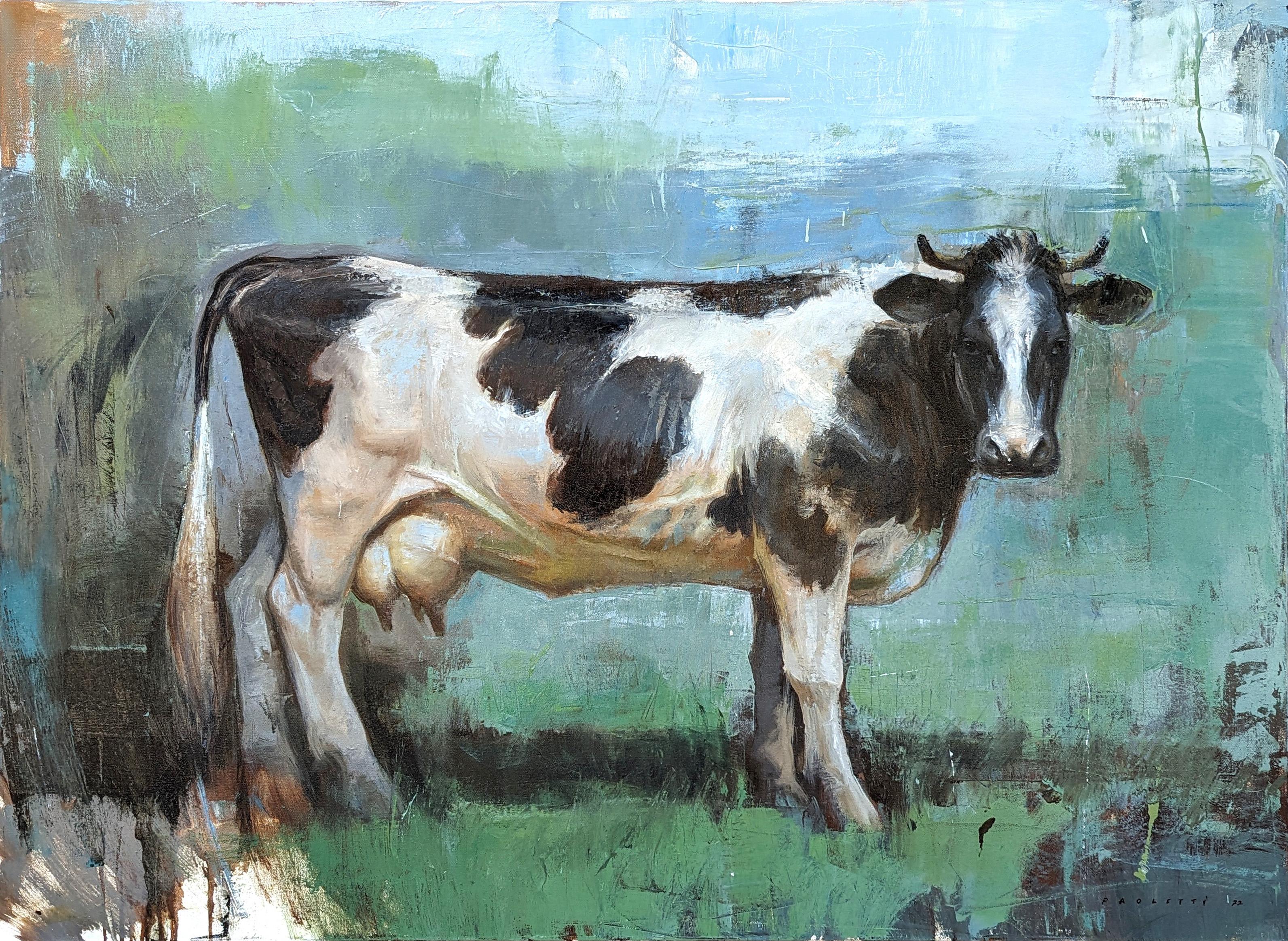 "WI. Vache laitière" Peinture naturaliste contemporaine d'une vache en milieu rural