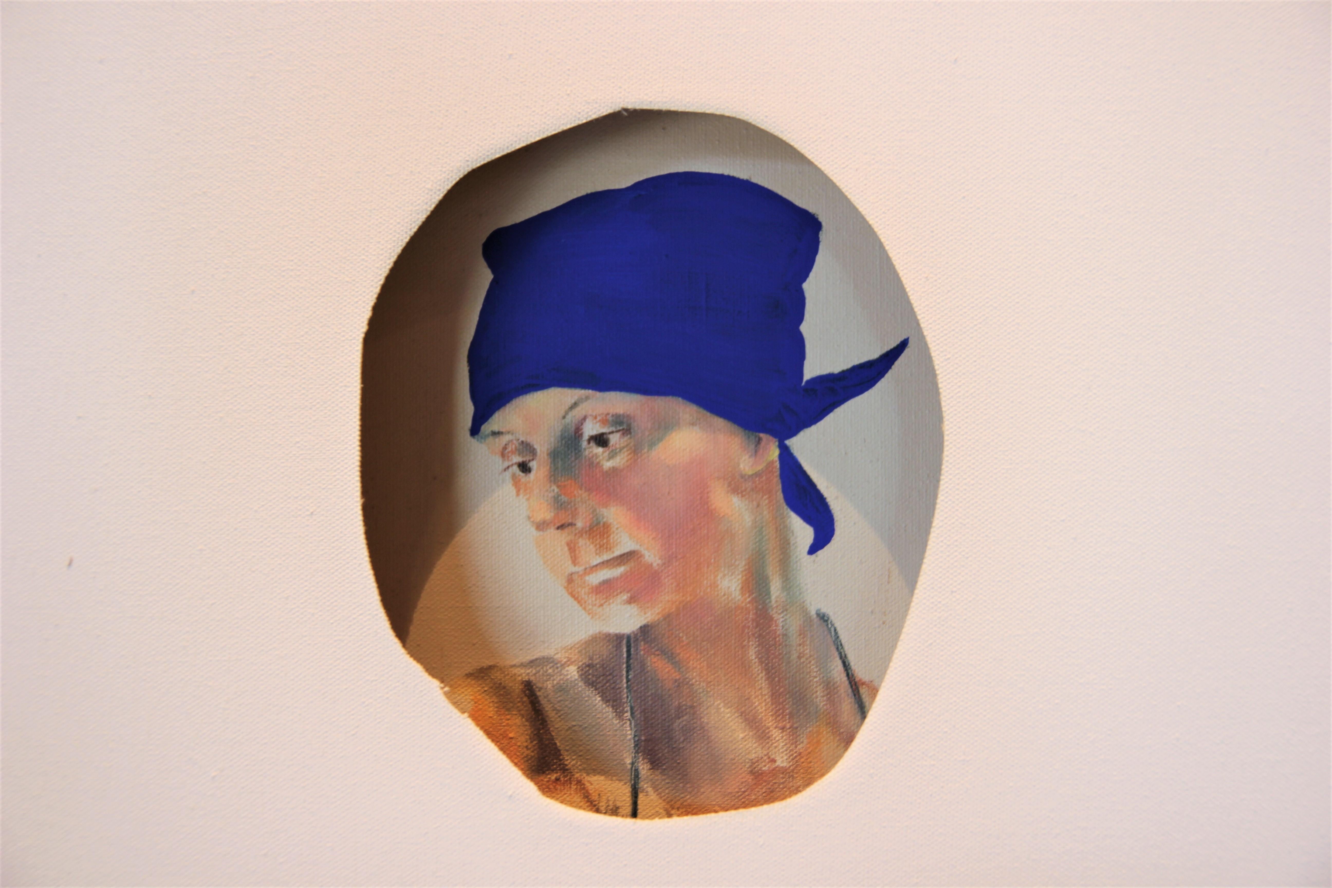 White Canvas Wrapped Portrait of a Woman with Bright Blue Handkerchief - Contemporary Mixed Media Art by Matthew Reeves