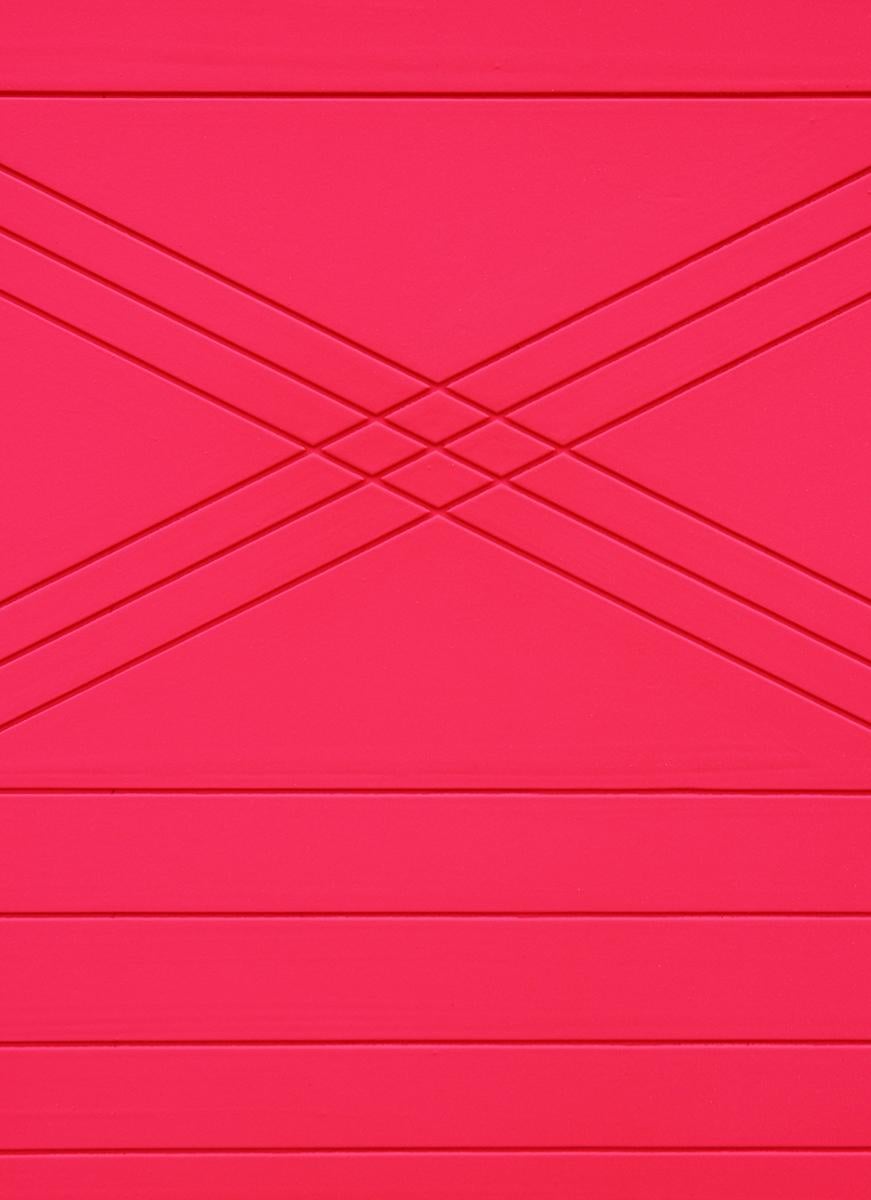 Abstract wall sculpture painting featuring intersecting linear grooves painted with neon pink paint. Displayed in a complementary light grey frame that sets off the brightness of the pink.

Dimensions Without Frame: H 22.38 in. x W 16.25 in.

Artist
