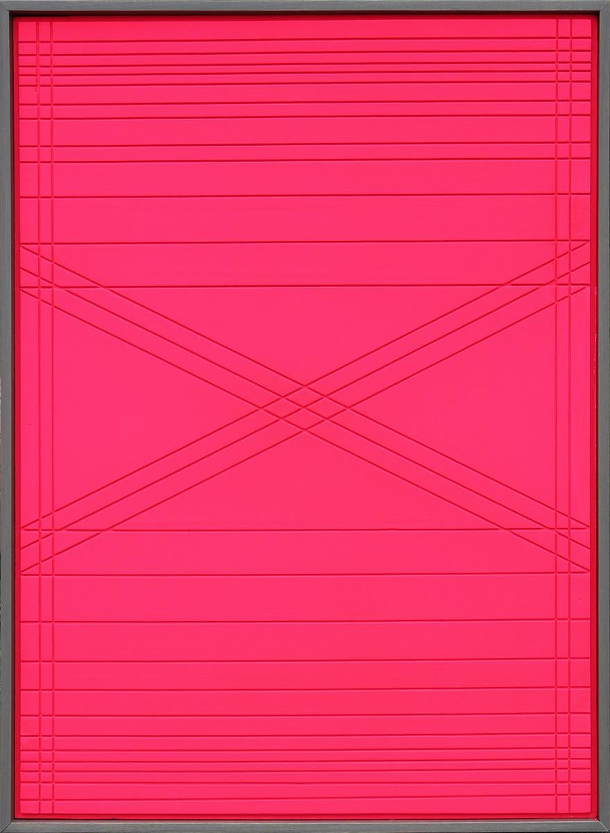 “Amitriptyline 2” Neon Pink Contemporary Abstract Geometric Groove Painting - Mixed Media Art by Matthew Reeves