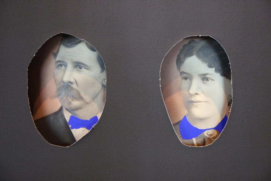 Black Canvas Wrapped Portrait of a Couple with Painted Bright Blue Collars - Painting by Matthew Reeves