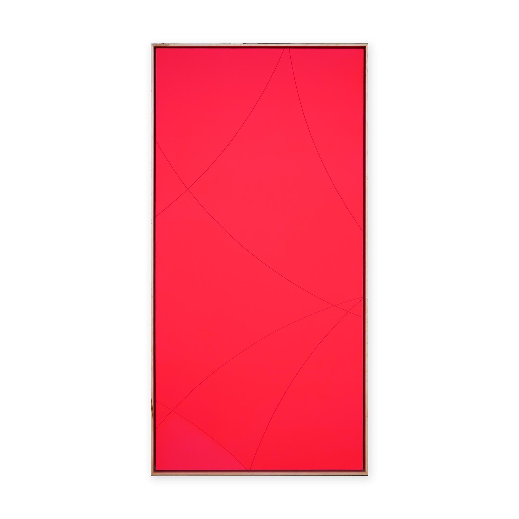 Abstract wall sculpture painting featuring curved intersecting linear grooves painted with neon pink paint. Displayed in a complementary natural light wood frame that sets off the brightness of the pink. Signed, titled, and dated by artist on