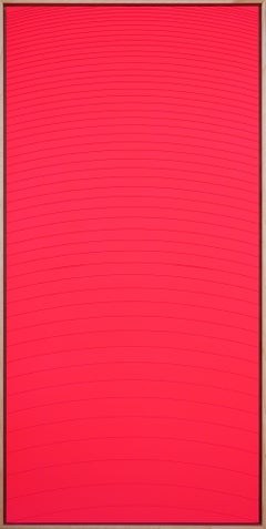 Zeitgenössisches abstraktes, lineares, geometrisches Neon-Rosa-Geometrisches Groove-Gemälde „Chaos 2“