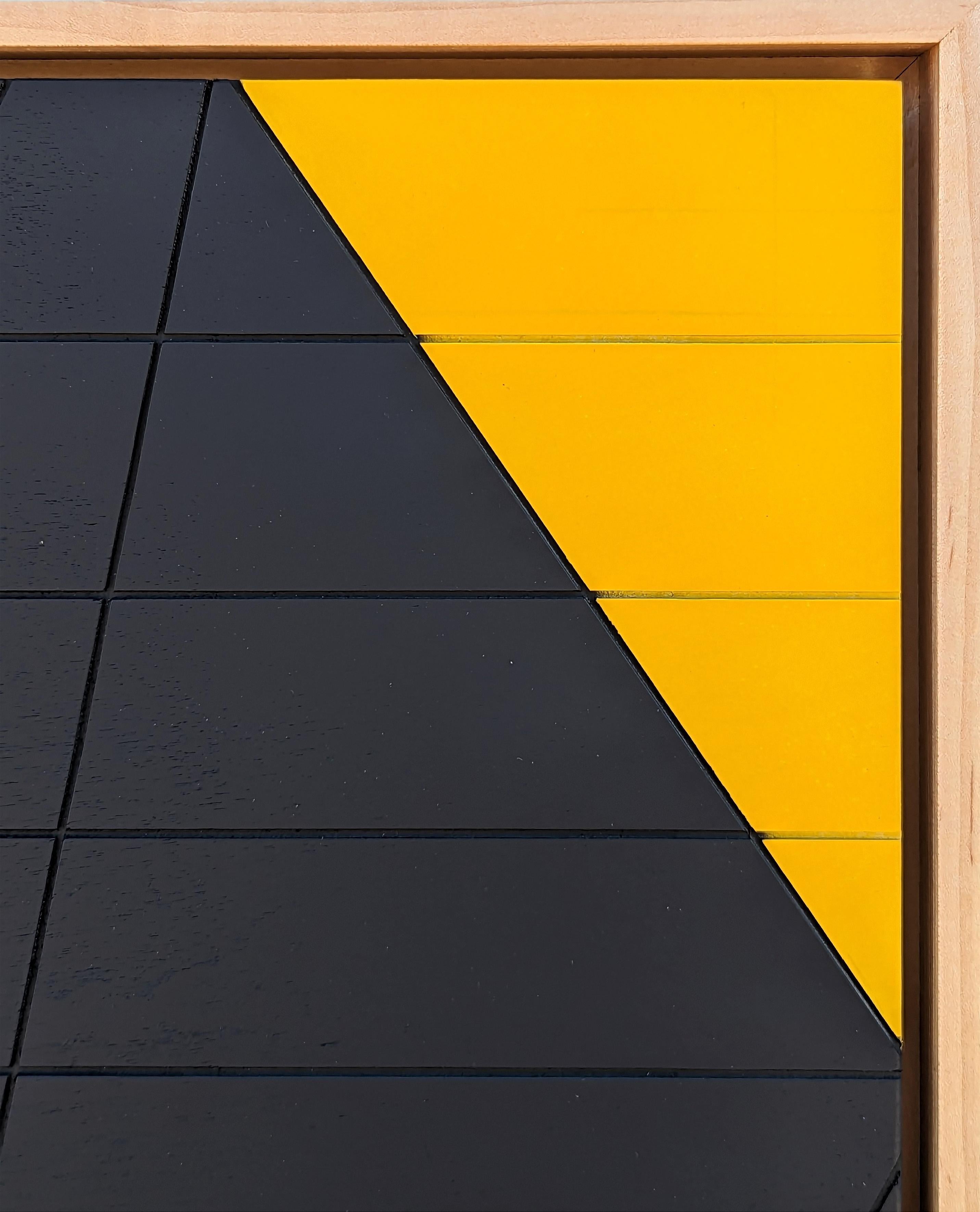 Black and yellow geometric abstract mixed media painting by Houston artist Matthew Reeves. Signed by the artist on the back. This vertical painting features horizontal grooves on a wood panel and painted black and yellow. Currently hung in a natural