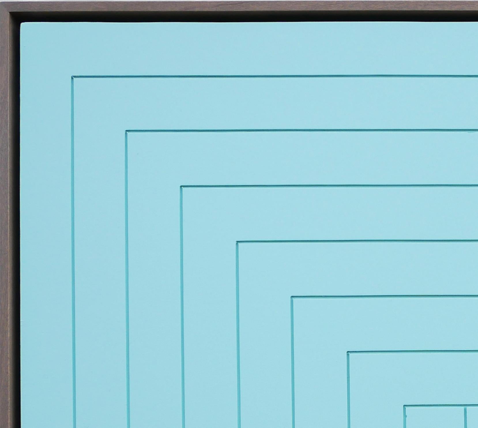 Pastel sky blue abstract mixed media painting by Houston, TX artist Matthew Reeves. Signed by the artist on the back. This vertical painting features horizontal and vertical grooves on a wood panel that is then painted with relaxing pastel sky blue