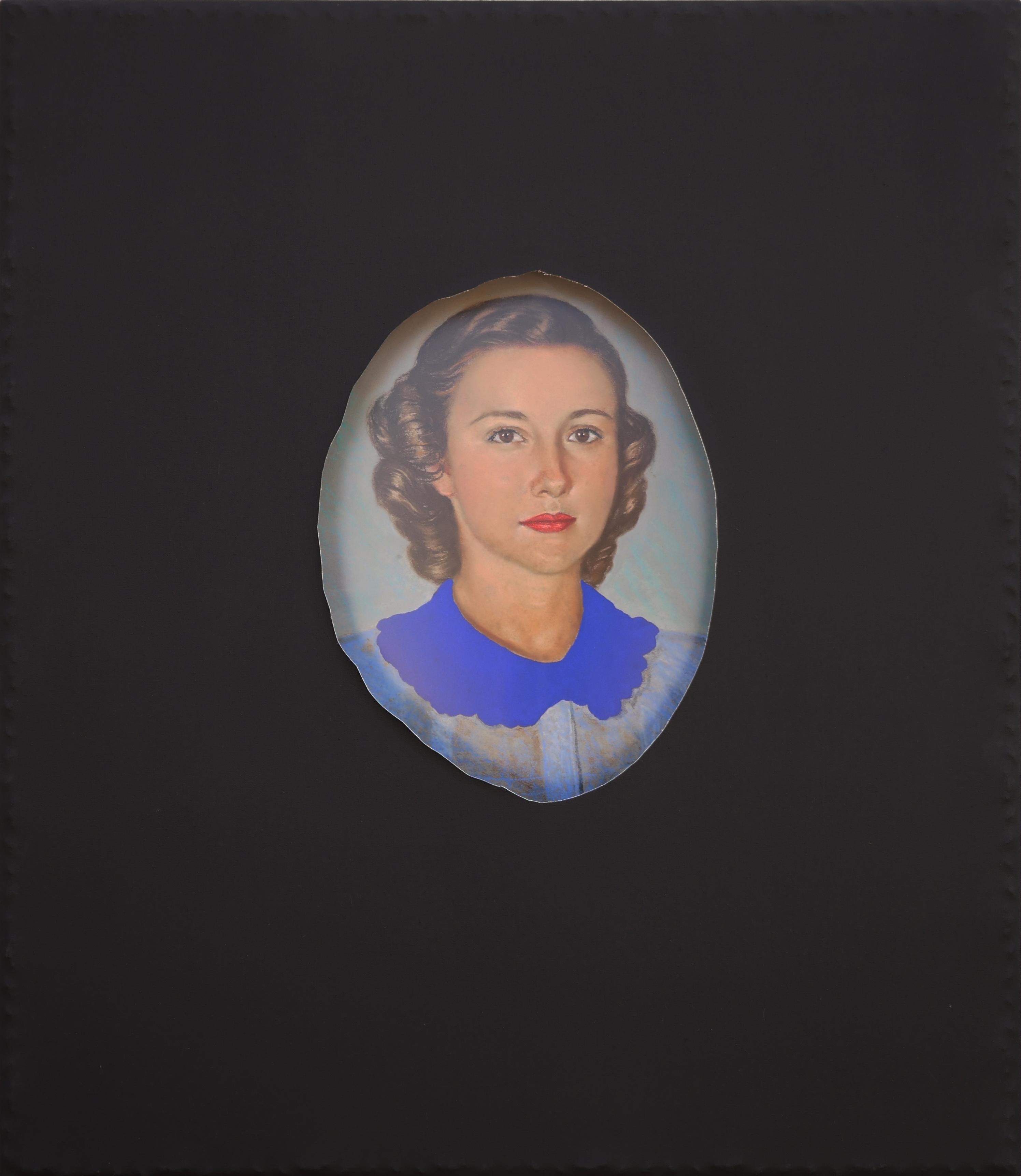 Matthew Reeves Portrait Painting - "Gertrude" Contemporary Black Canvas Wrapped Portrait with Vibrant Blue Collar