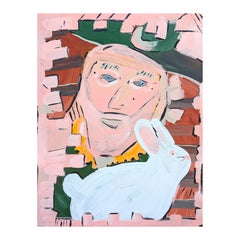 "Just a Rabbit" Contemporary Pink, Green, & Yellow Figurative Portrait Painting