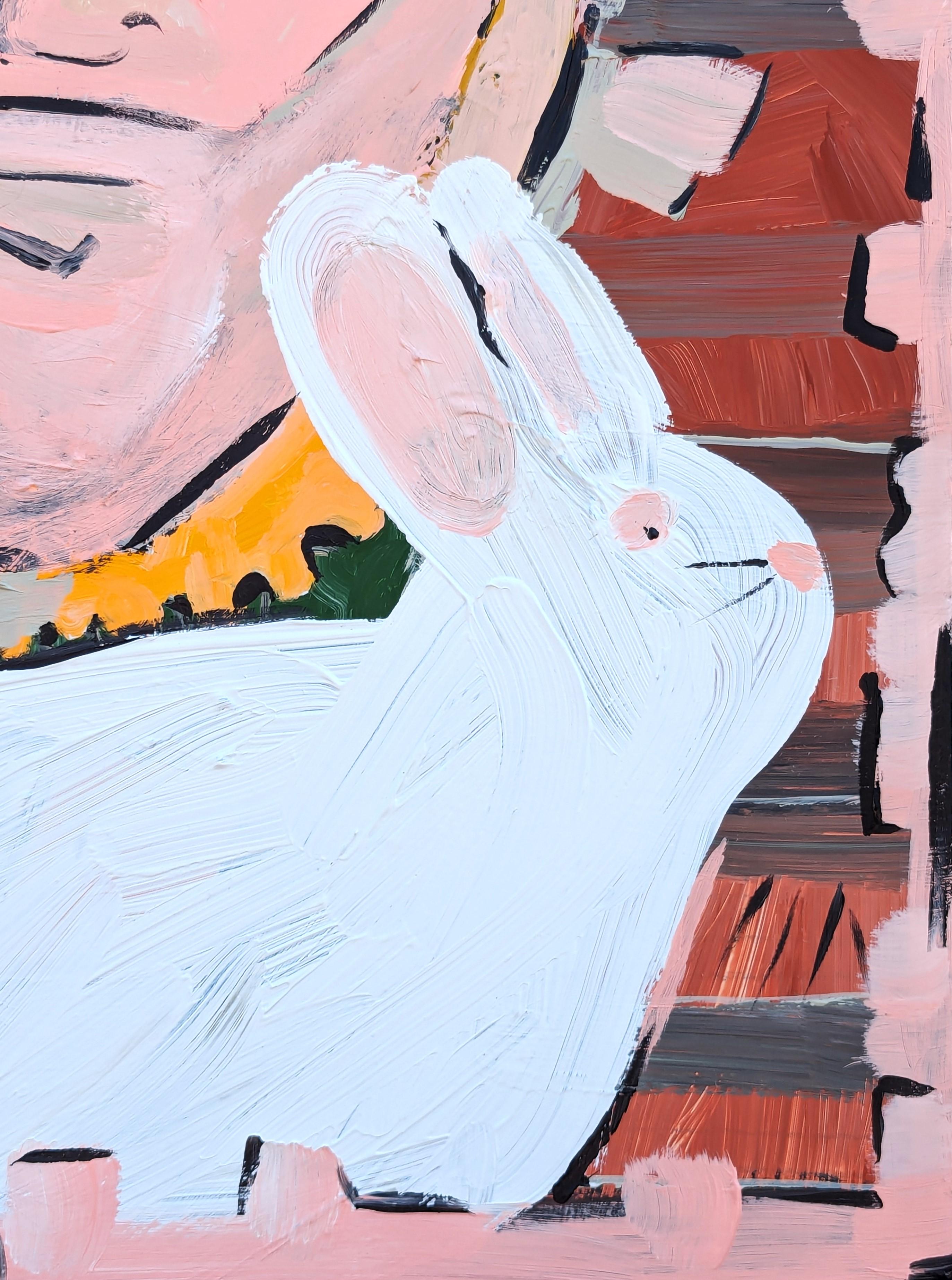 Abstracto figurativo contemporáneo en tonos rosas, verdes y amarillos del artista Matthew Reeves, afincado en Houston. La obra presenta una figura central con un conejo blanco en primer plano.  Firmado, titulado y fechado en el reverso. Actualmente