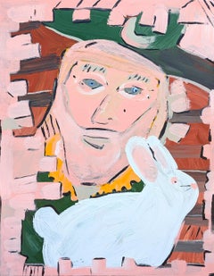 "Sólo un conejo" Pintura figurativa contemporánea en rosa, verde y amarillo