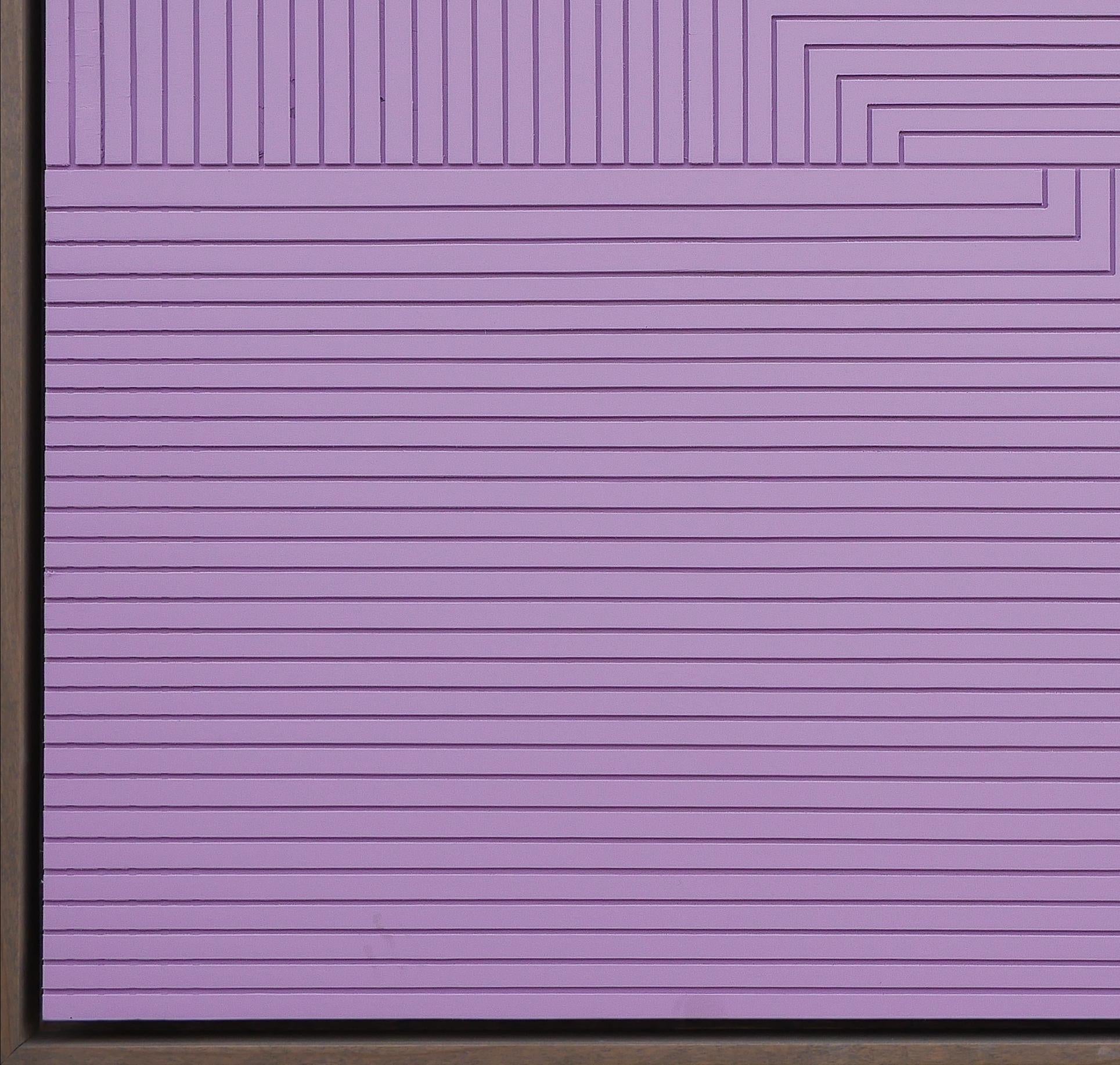 Lavender abstract mixed media painting by Houston, TX artist Matthew Reeves. Signed by the artist on the back. This vertical painting features horizontal and vertical grooves on a wood panel that is then painted with relaxing lavender color.